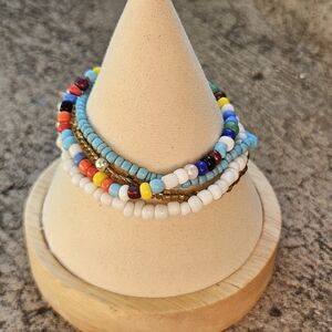 Colorful Beaded Bracelet Set of 4 White Rainbow Blue Gold Stretchy